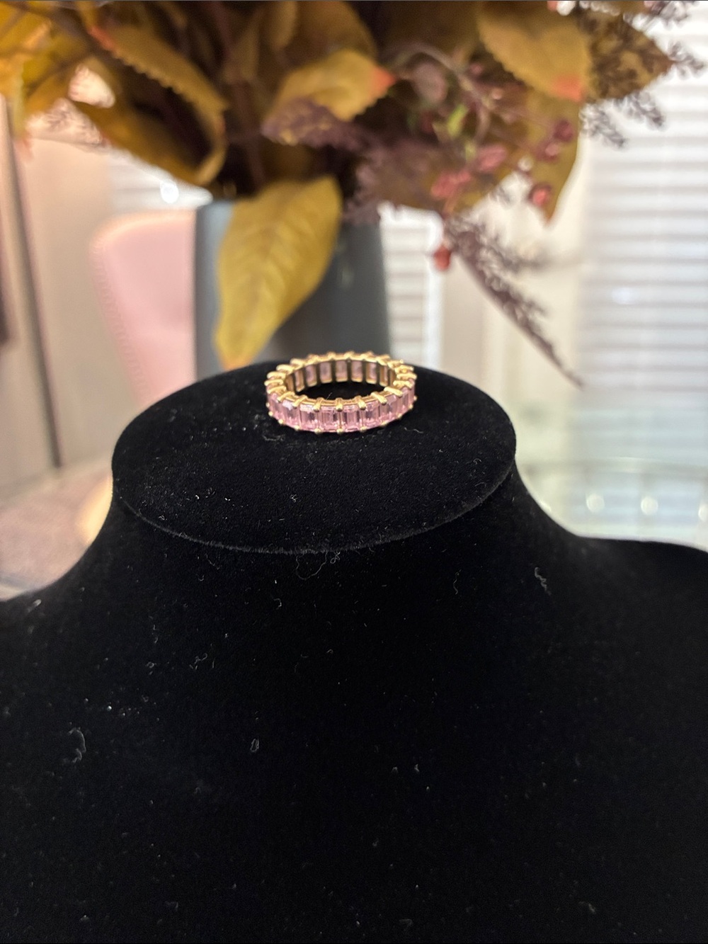 Gold Band Ring with Pink Stones - Women's Fashion Jewelry